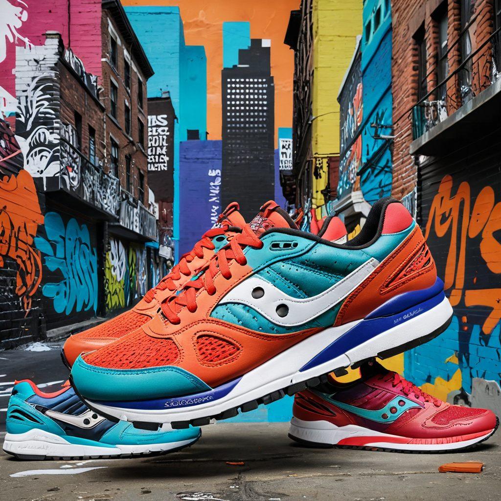 A dynamic collage featuring trendy running shoes from Sacouny showcased on a vibrant urban backdrop, with highlights of the latest styles and colors. Include silhouettes of runners in motion to symbolize insights and trends in the sportswear industry. Overlay news snippets or headlines subtly in the background, encapsulating the essence of news and stories. super-realistic. vibrant colors. urban style.