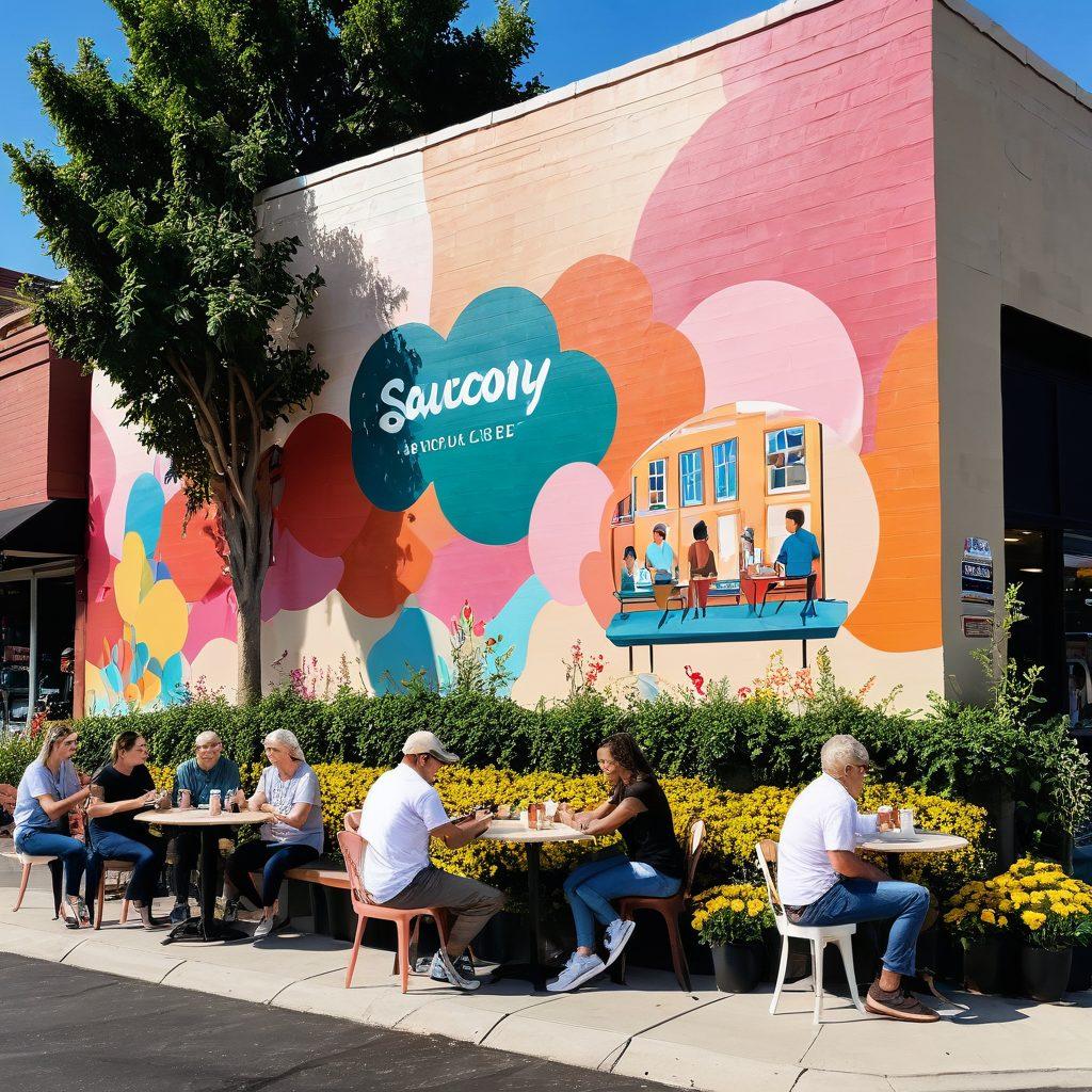A vibrant street mural depicting diverse community members sharing stories over coffee, surrounded by local businesses in Saucony. Incorporate elements of nature like trees and flowers to signify growth, with a backdrop of warm, inviting colors. Capture moments of connection through dialogue bubbles illustrating snippets of their tales. super-realistic. vibrant colors. 3D.