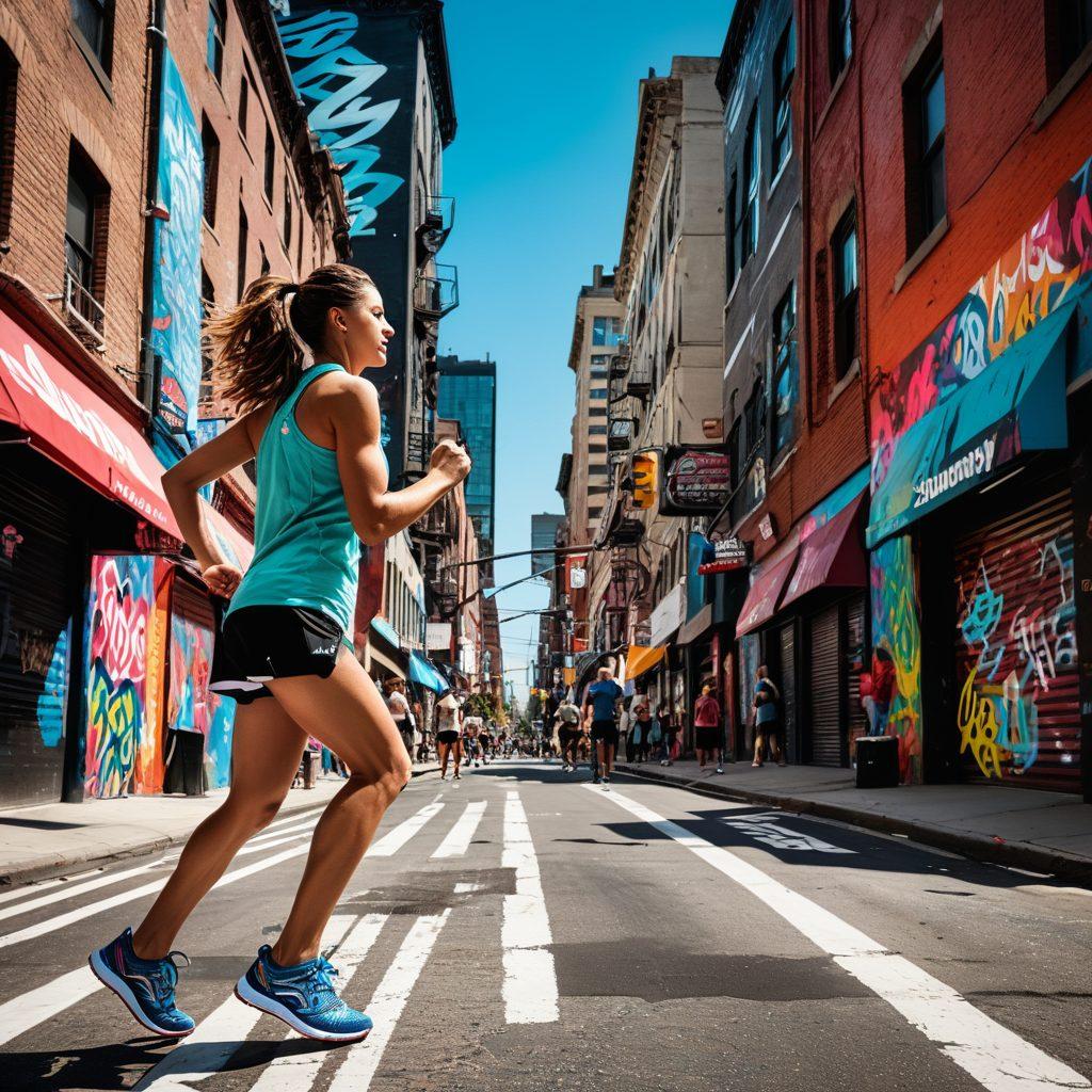 A dynamic collage showcasing the latest Saucony running shoes on a vibrant city street, incorporating energetic runners in motion wearing the latest styles. Include visually striking news headlines and updates in stylish typography overlaying the scene. Emphasize movement and excitement to reflect freshness and innovation. super-realistic. vibrant colors. urban background.